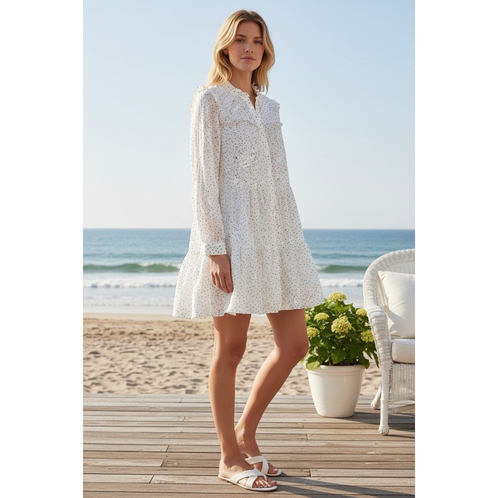 Vineyard Vines Polka Dot Ruffle Tiered Dress White Black Large Silk‎ blend